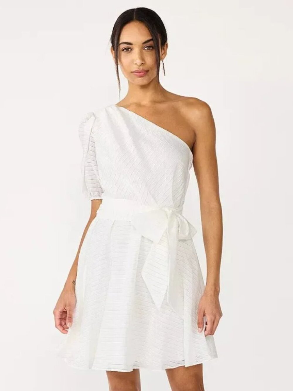 Nine West NWT White One Shoulder/Asymmetrical Puff Sleeve Fit & Flare Dress - S